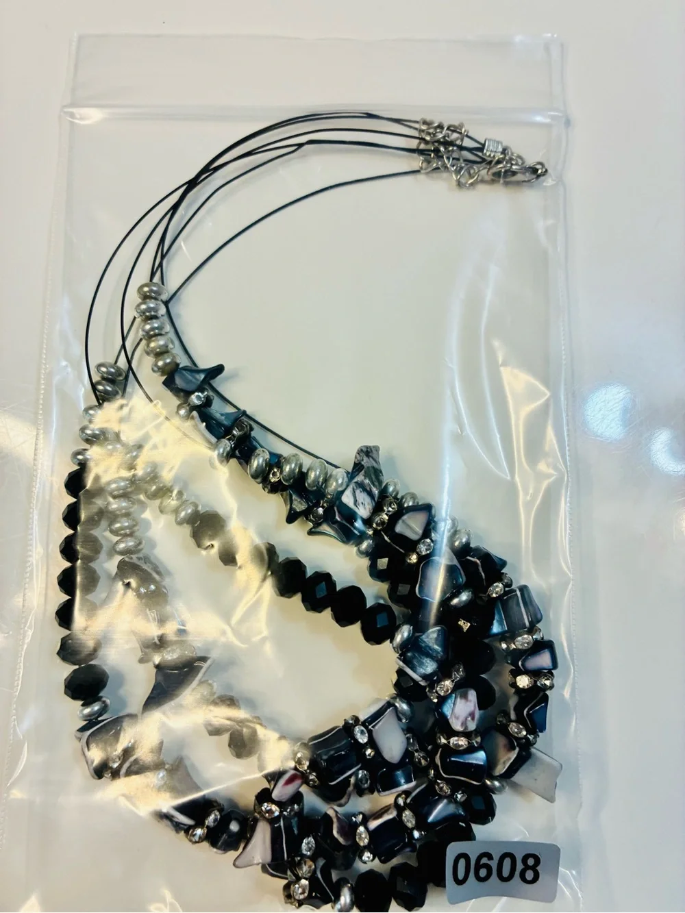 Multi-Strand Mother Of Pearl Chunky BLK & Iridescent Beaded Statement Necklace